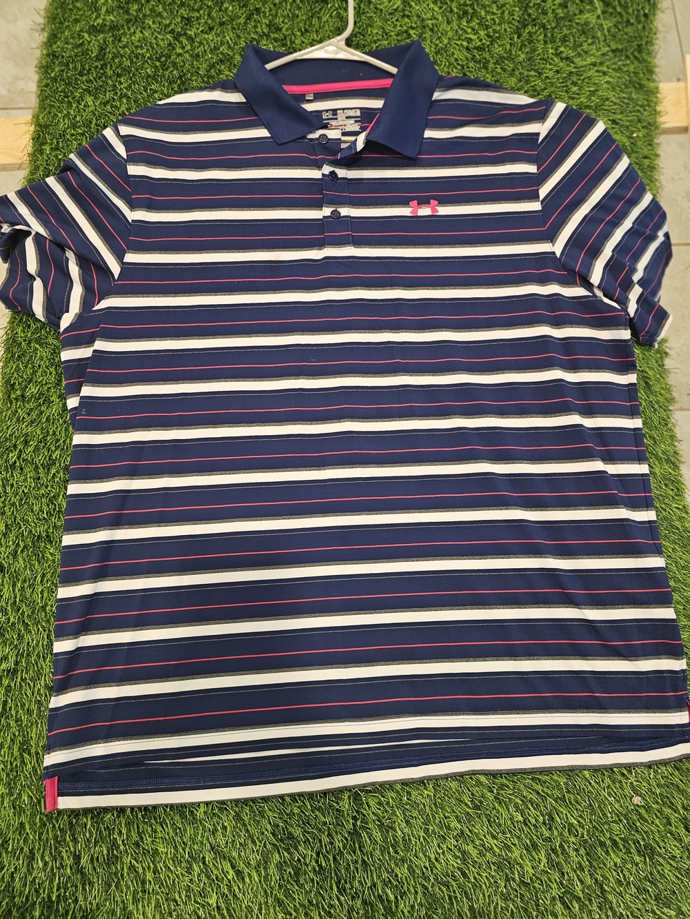 Under Armour Men's Striped Polo in Navy with Pink Accents